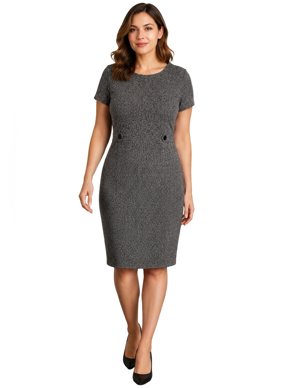 NWT Tahari Herringbone Knit Button Waist Sheath Dress